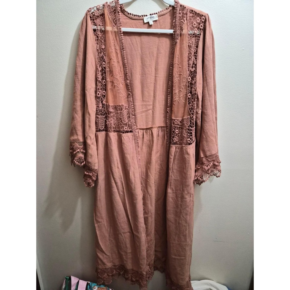 Umgee Rust Duster Kimono Lace Crochet Trim Open Front Boho Cardigan M/L